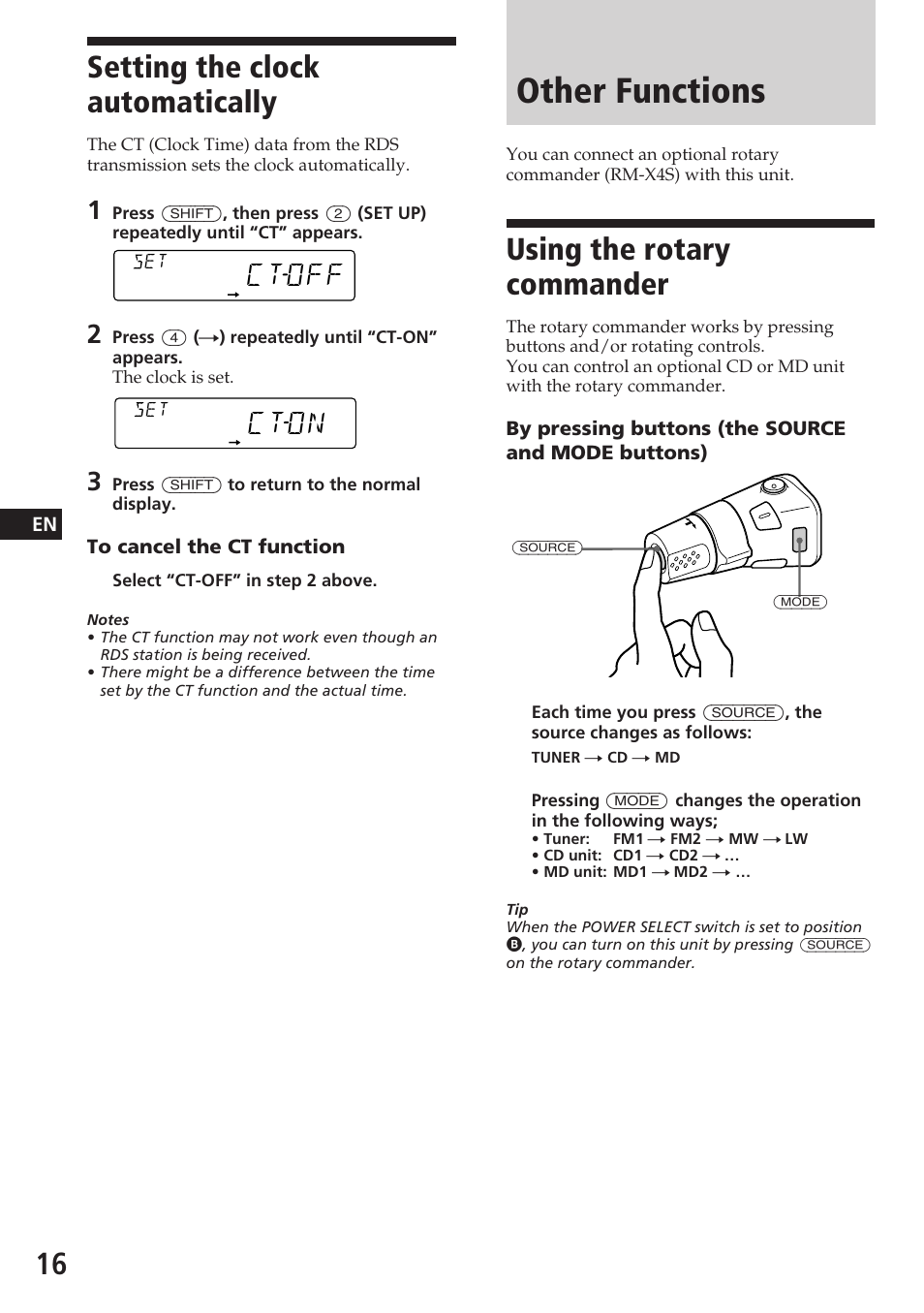 Other functions, Using the rotary commander, Setting the clock automatically | Ctoff, Cton | Sony CDX-C580R User Manual | Page 16 / 124