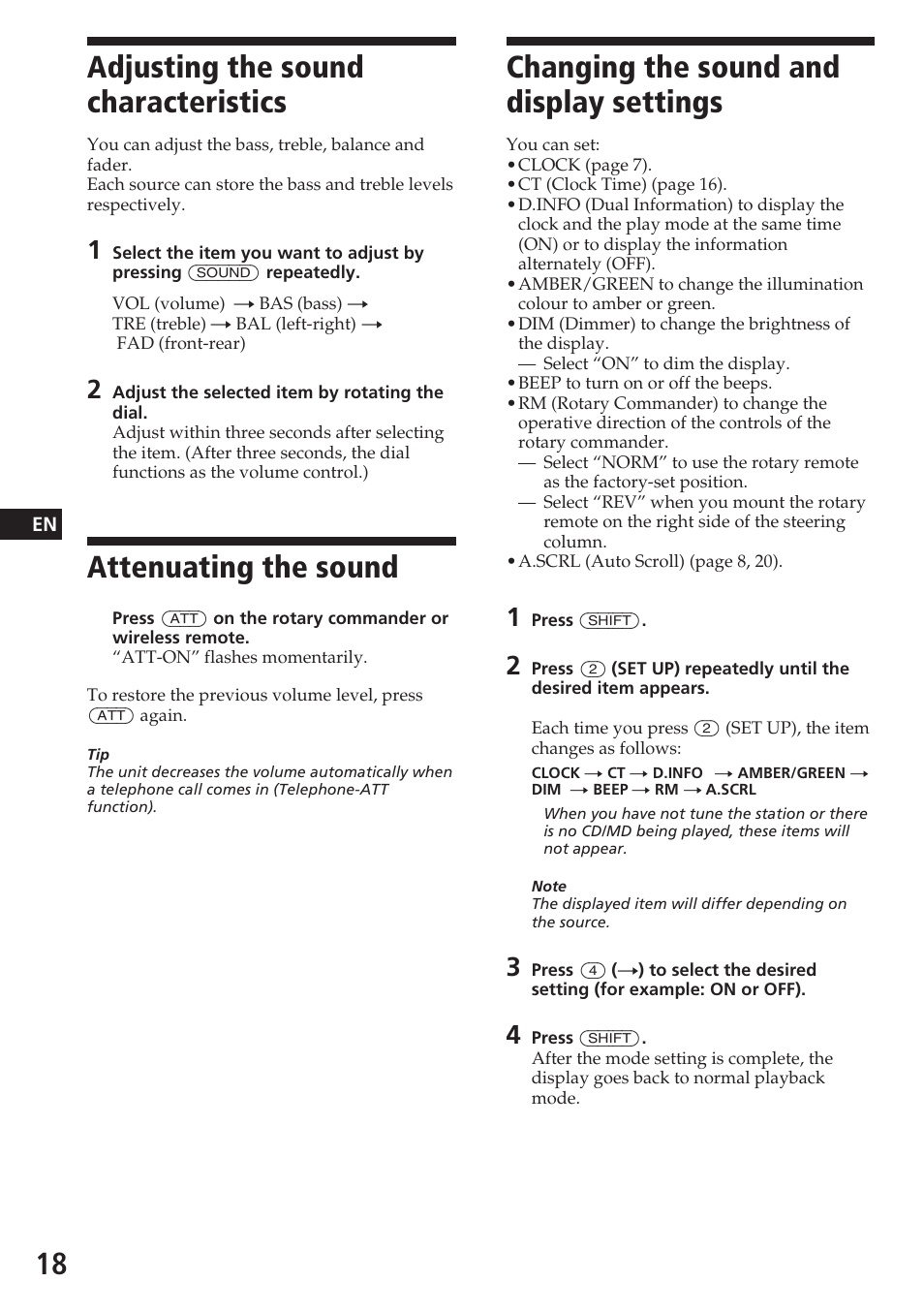 Adjusting the sound characteristics, Attenuating the sound, Changing the sound and display settings | Sony CDX-C580R User Manual | Page 18 / 124