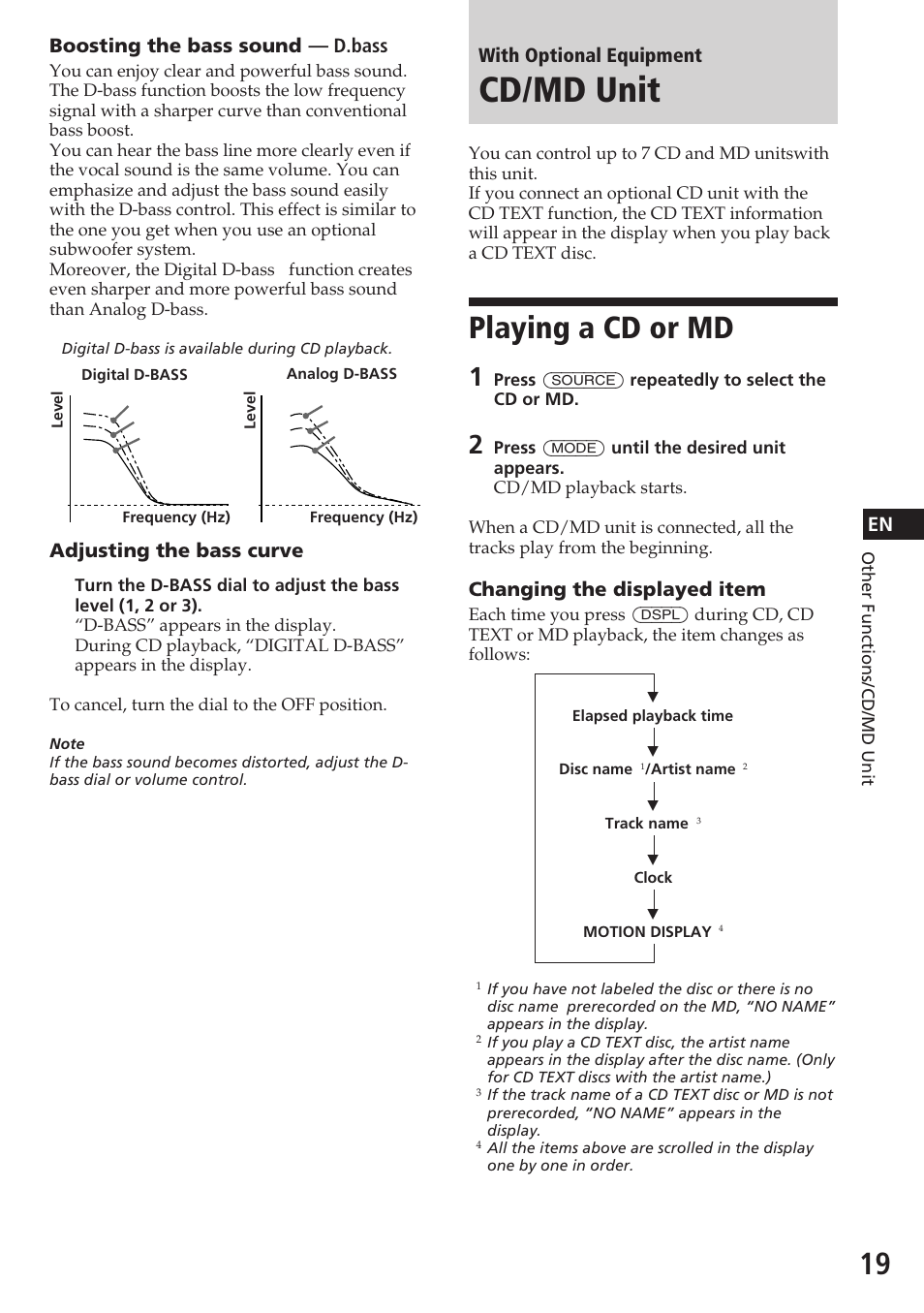 Cd/md unit, Playing a cd or md, En with optional equipment | Changing the displayed item, Boosting the bass sound — d.bass, Adjusting the bass curve | Sony CDX-C580R User Manual | Page 19 / 124