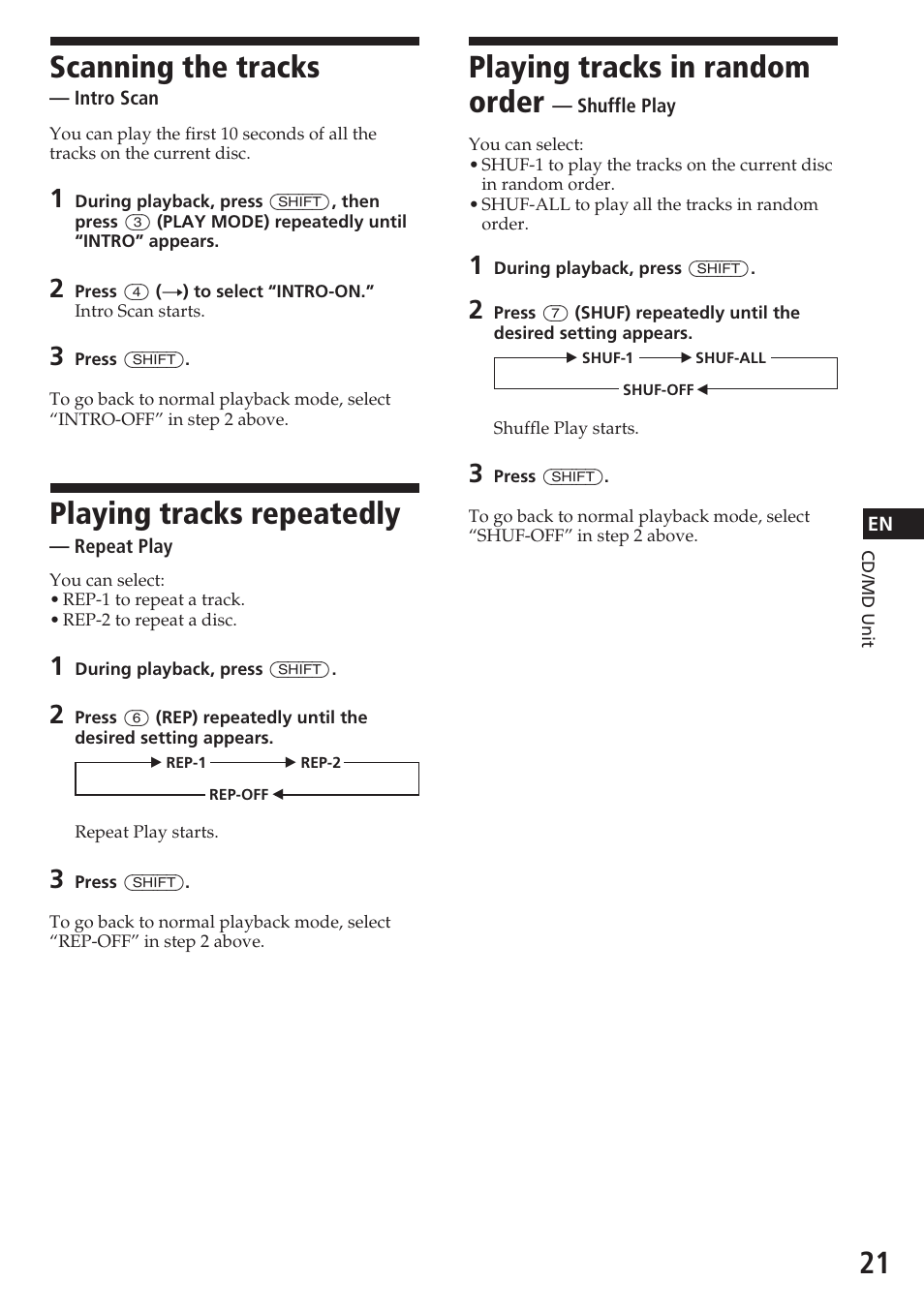 Scanning the tracks, Playing tracks repeatedly, Playing tracks in random order | Sony CDX-C580R User Manual | Page 21 / 124