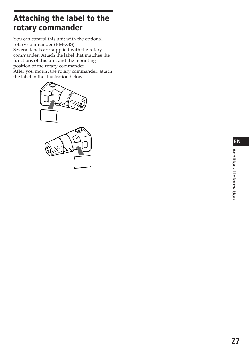 Attaching the label to the rotary commander | Sony CDX-C580R User Manual | Page 27 / 124