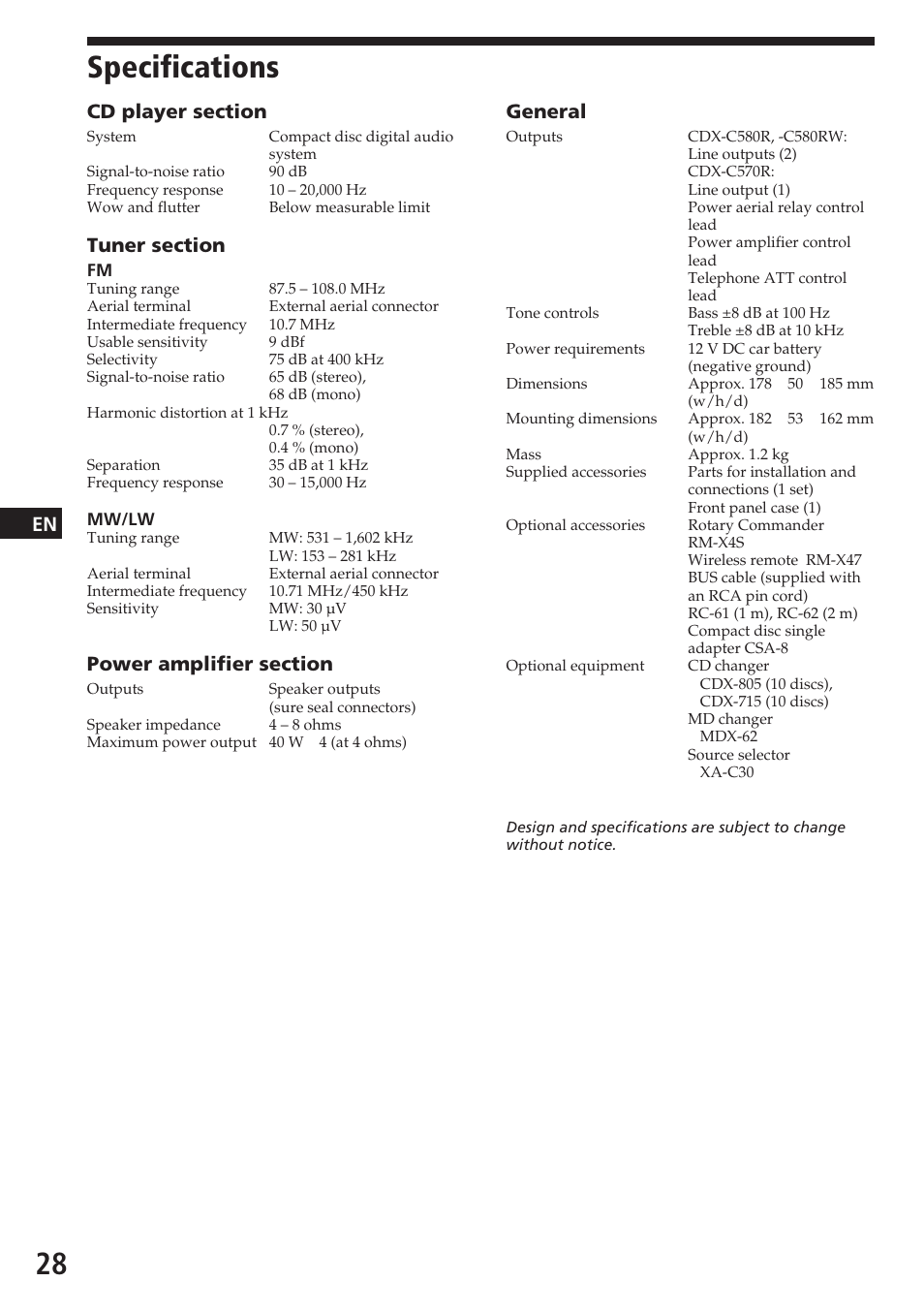 Specifications, General | Sony CDX-C580R User Manual | Page 28 / 124