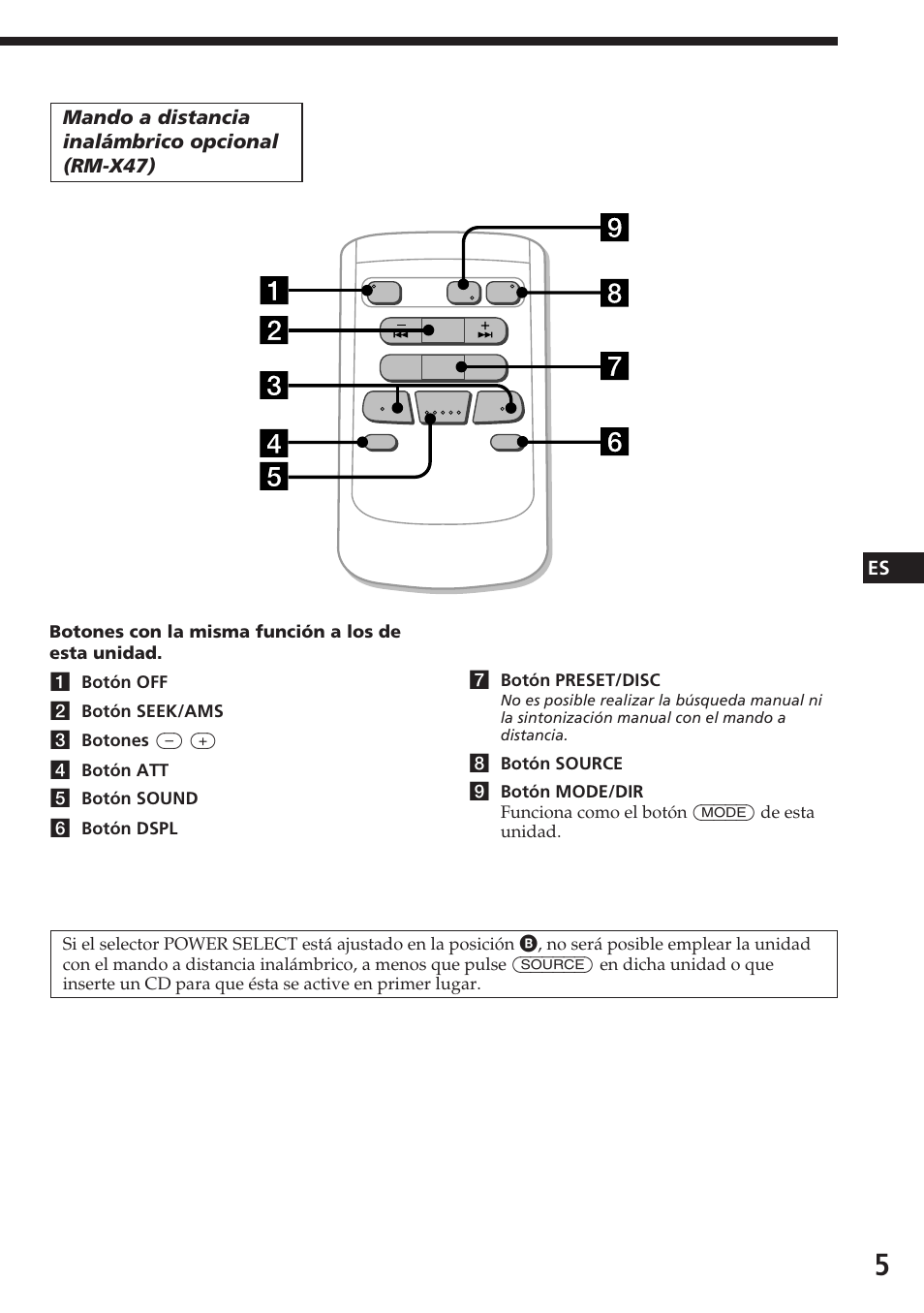 Es mando a distancia inalámbrico opcional (rm-x47) | Sony CDX-C580R User Manual | Page 35 / 124