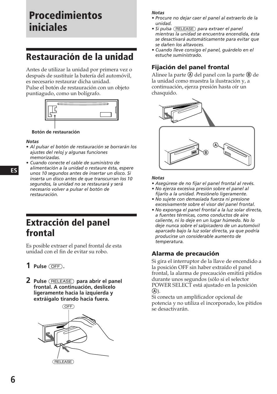 Procedimientos iniciales, Restauración de la unidad, Extracción del panel frontal | Sony CDX-C580R User Manual | Page 36 / 124