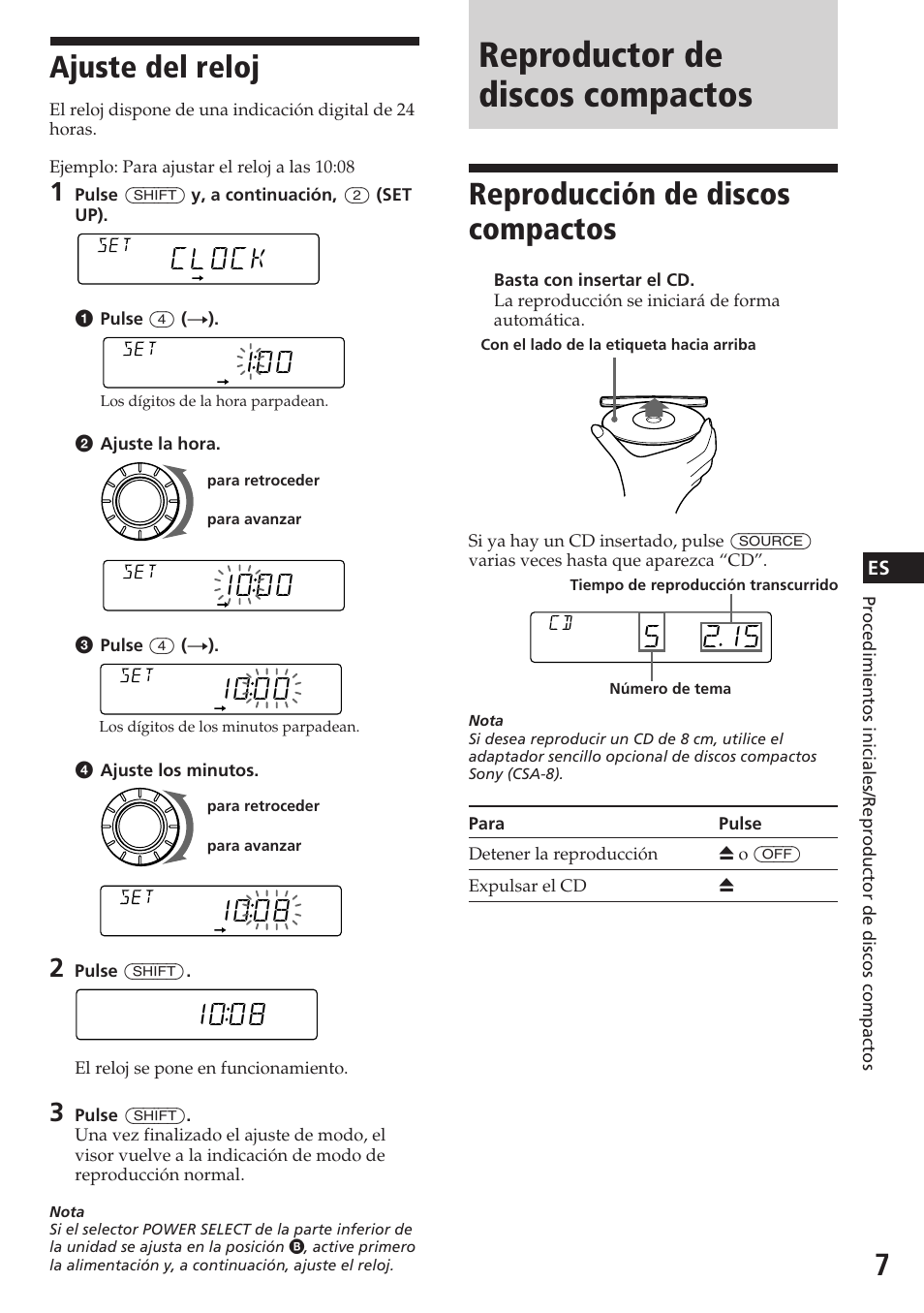 Reproductor de discos compactos, Ajuste del reloj, Reproducción de discos compactos | Clock, 1ooo, 1oo8 | Sony CDX-C580R User Manual | Page 37 / 124