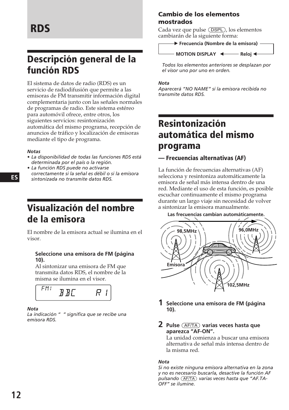 Descripción general de la función rds, Visualización del nombre de la emisora, Resintonización automática del mismo programa | Sony CDX-C580R User Manual | Page 42 / 124