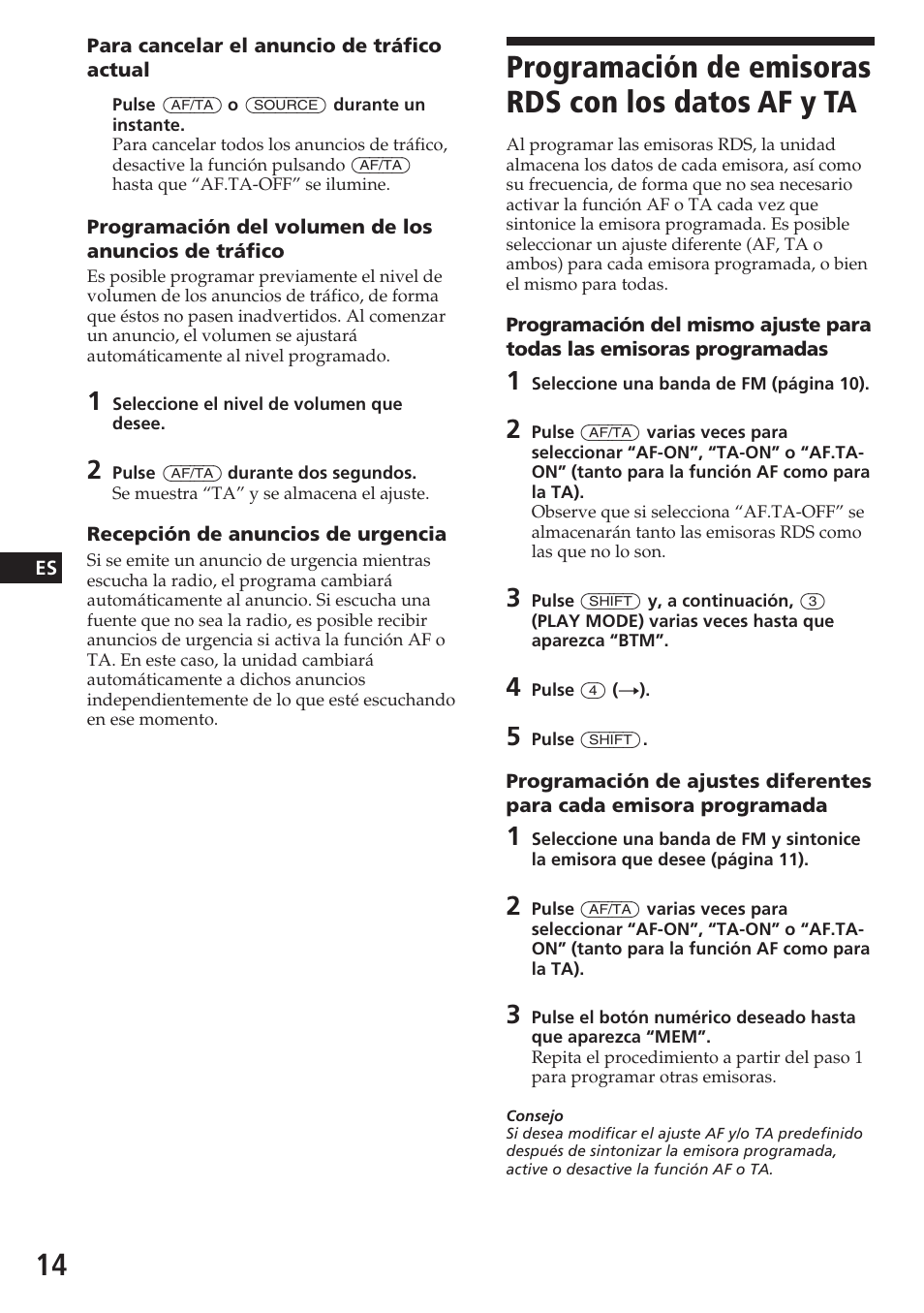 Programación de emisoras rds con los datos af y ta | Sony CDX-C580R User Manual | Page 44 / 124