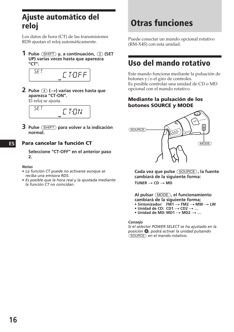 Otras funciones, Uso del mando rotativo, Ajuste automático del reloj | Ctoff, Cton | Sony CDX-C580R User Manual | Page 46 / 124