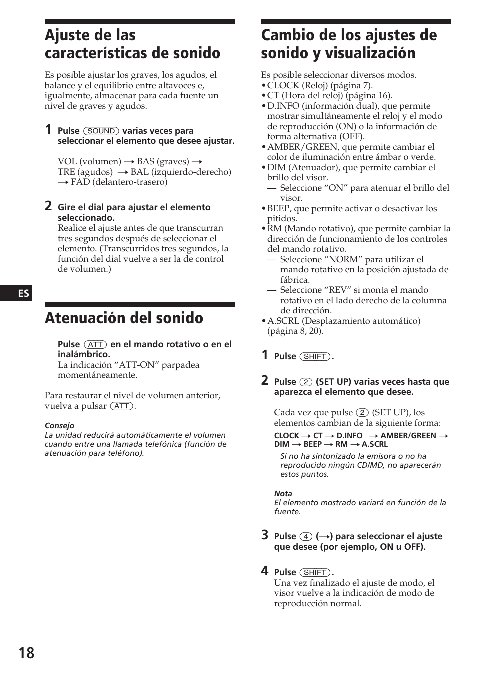 Cambio de los ajustes de sonido y visualización, Ajuste de las características de sonido, Atenuación del sonido | Sony CDX-C580R User Manual | Page 48 / 124