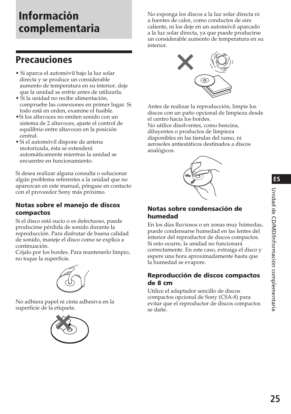 Información complementaria, Precauciones | Sony CDX-C580R User Manual | Page 55 / 124