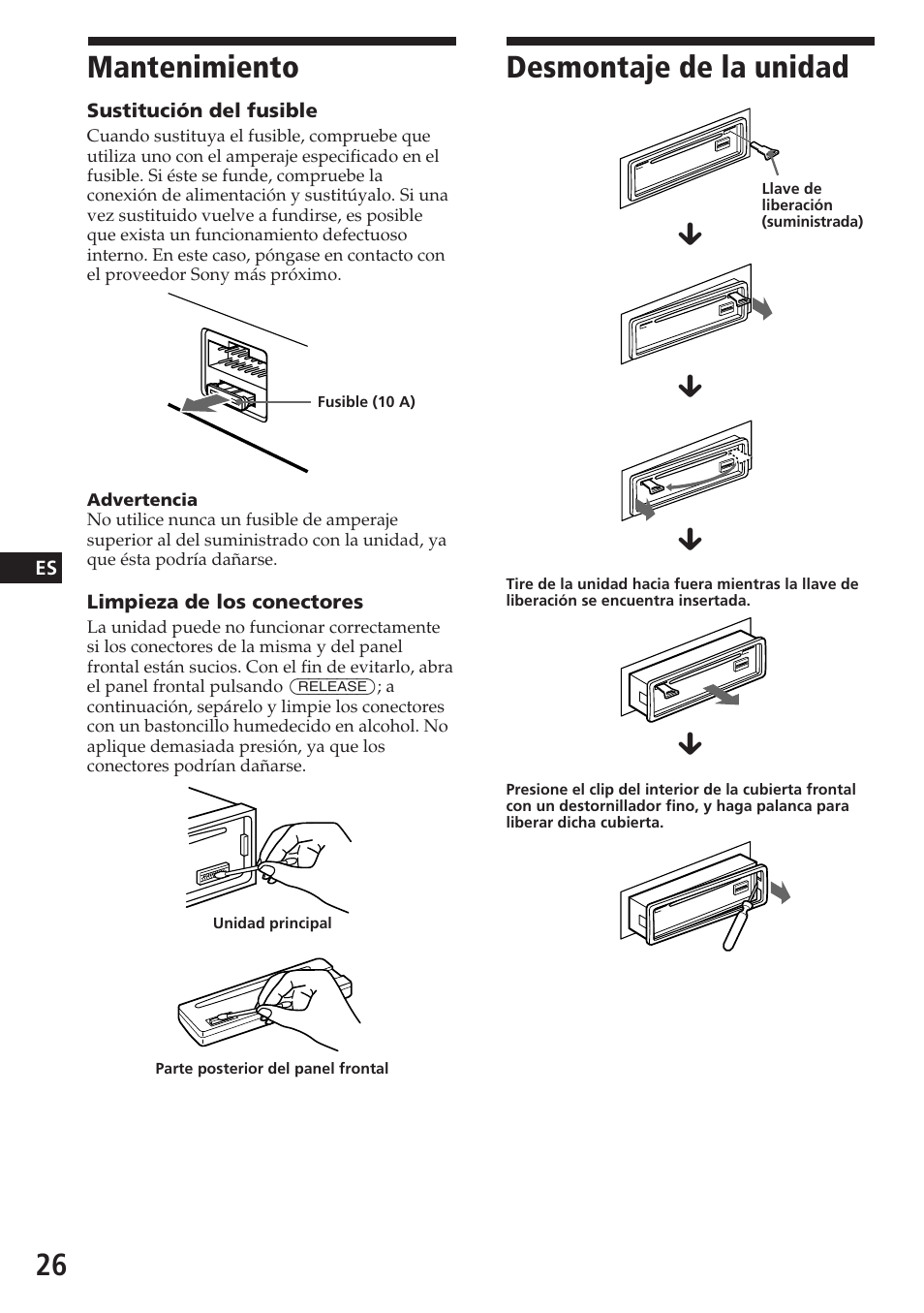 Desmontaje de la unidad, Mantenimiento | Sony CDX-C580R User Manual | Page 56 / 124