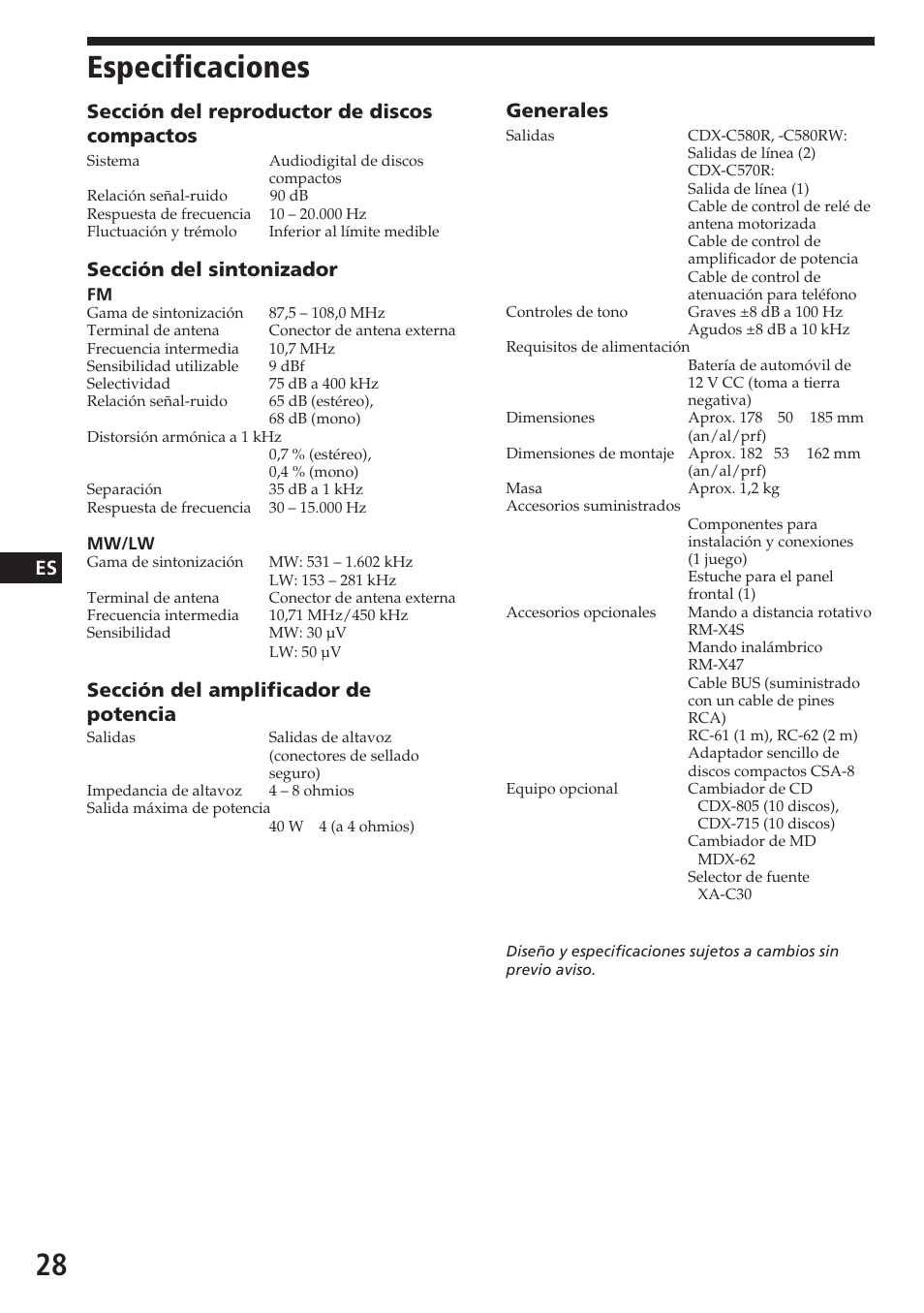 Especificaciones, Sección del reproductor de discos compactos, Sección del sintonizador | Sección del amplificador de potencia, Generales | Sony CDX-C580R User Manual | Page 58 / 124