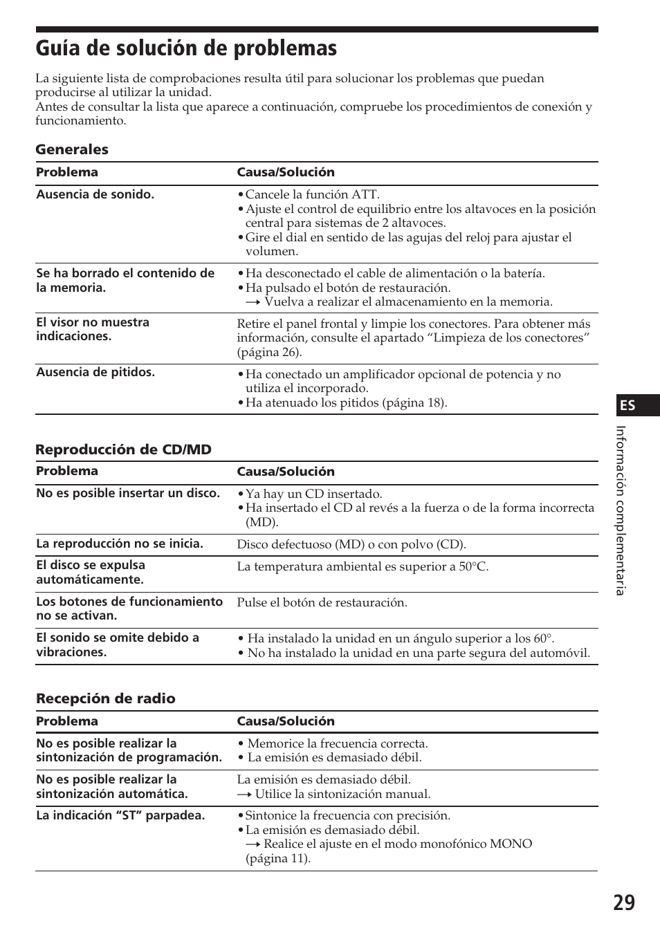 Guía de solución de problemas | Sony CDX-C580R User Manual | Page 59 / 124