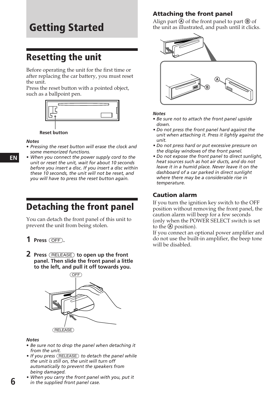 Getting started, Resetting the unit, Detaching the front panel | Sony CDX-C580R User Manual | Page 6 / 124