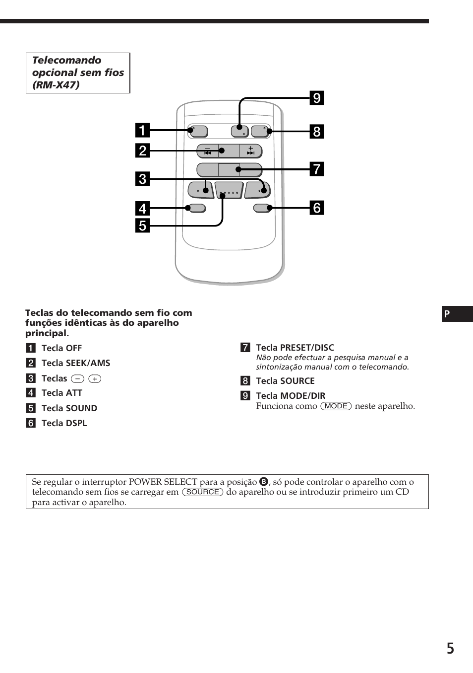 Ptelecomando opcional sem fios (rm-x47) | Sony CDX-C580R User Manual | Page 65 / 124