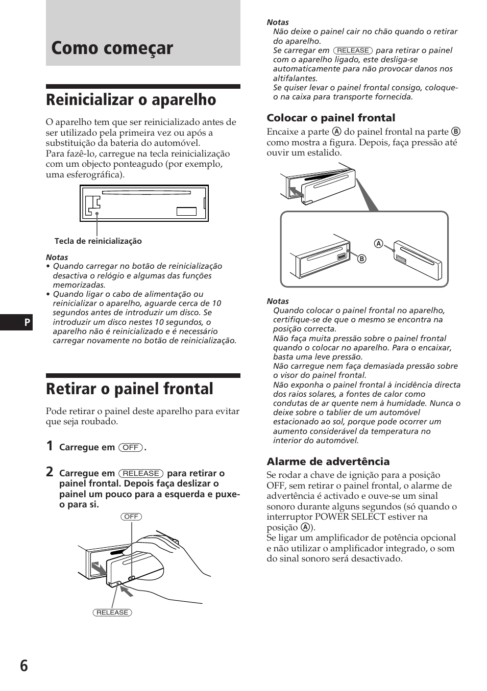 Como começar, Reinicializar o aparelho, Retirar o painel frontal | Sony CDX-C580R User Manual | Page 66 / 124