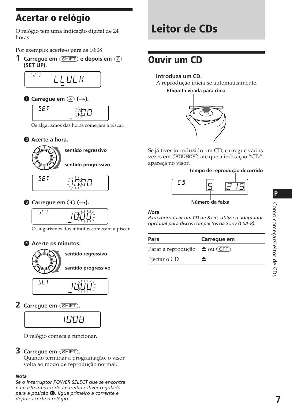 Leitor de cds, Acertar o relógio, Ouvir um cd | Clock, 1ooo, 1oo8 | Sony CDX-C580R User Manual | Page 67 / 124