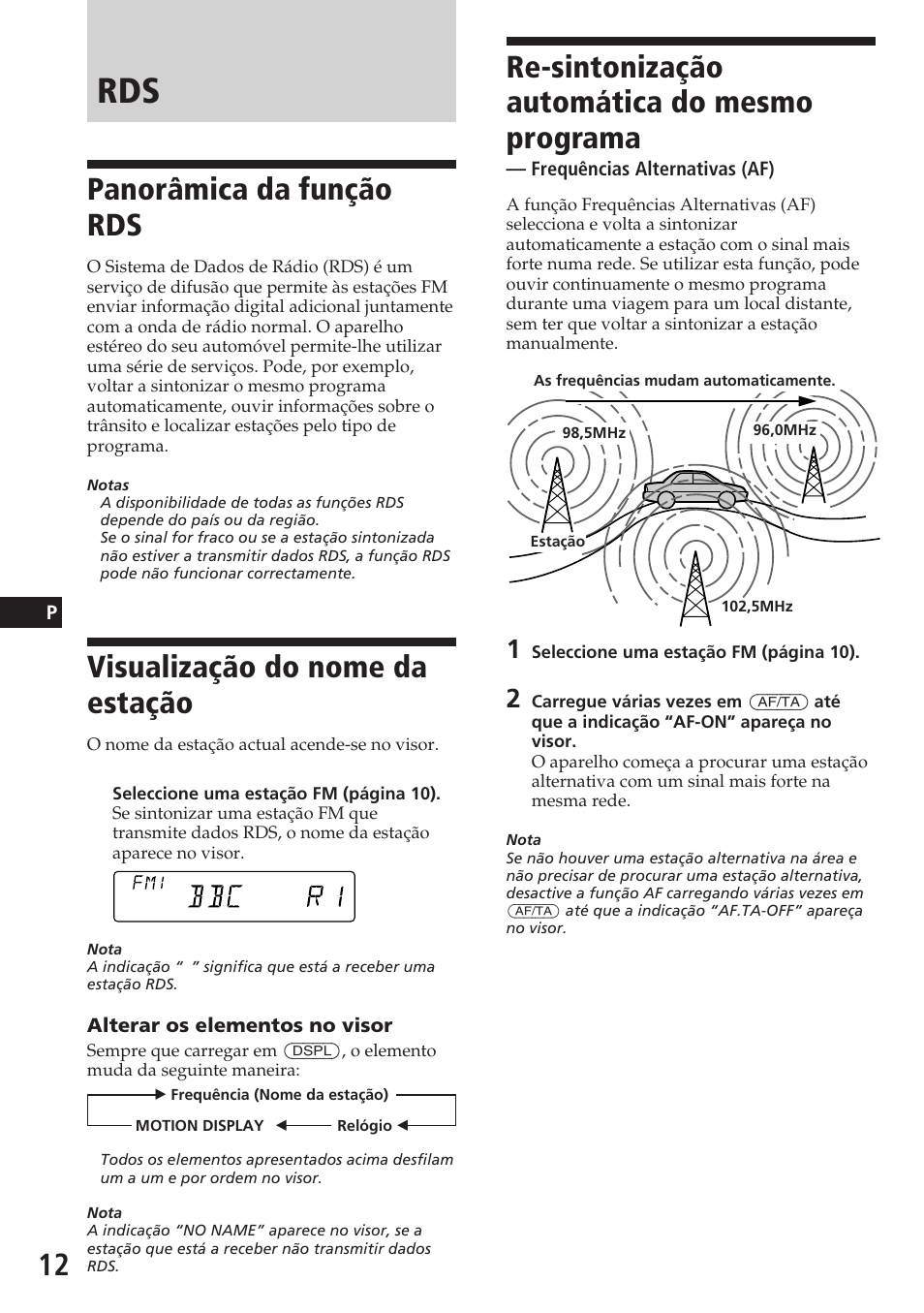 Panorâmica da função rds, Visualização do nome da estação, Re-sintonização automática do mesmo programa | Sony CDX-C580R User Manual | Page 72 / 124