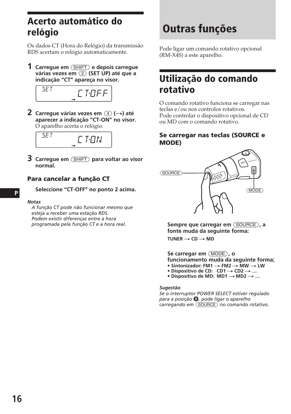 Outras funções, Acerto automático do relógio, Utilização do comando rotativo | Ctoff, Cton | Sony CDX-C580R User Manual | Page 76 / 124