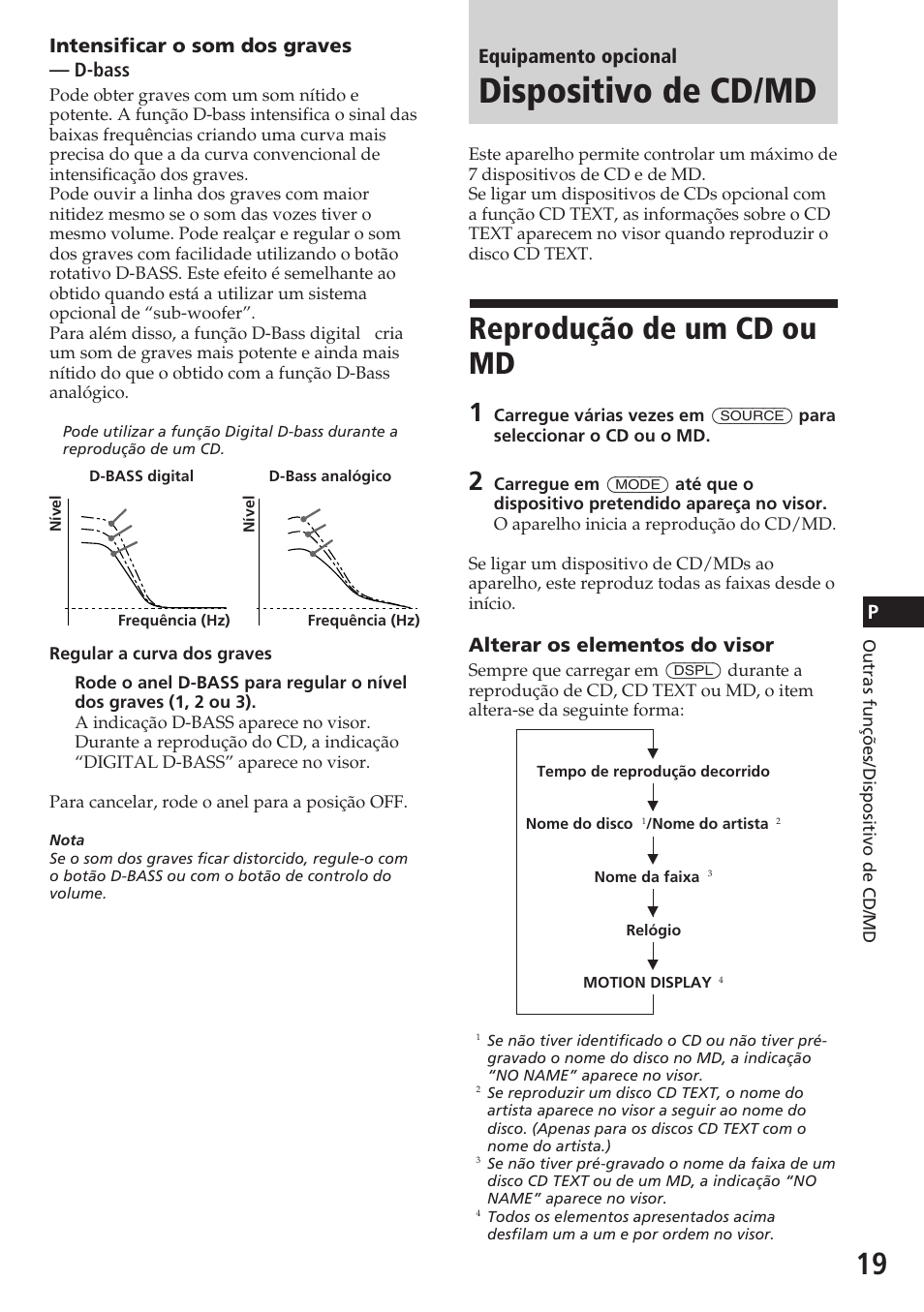 Dispositivo de cd/md, Reprodução de um cd ou md, Pintensificar o som dos graves — d-bass | Equipamento opcional, Alterar os elementos do visor | Sony CDX-C580R User Manual | Page 79 / 124