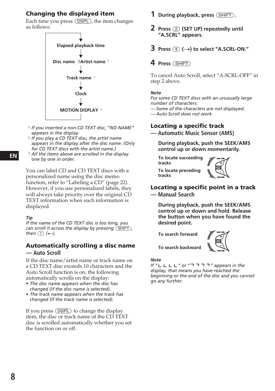 Changing the displayed item, Automatically scrolling a disc name — auto scroll | Sony CDX-C580R User Manual | Page 8 / 124