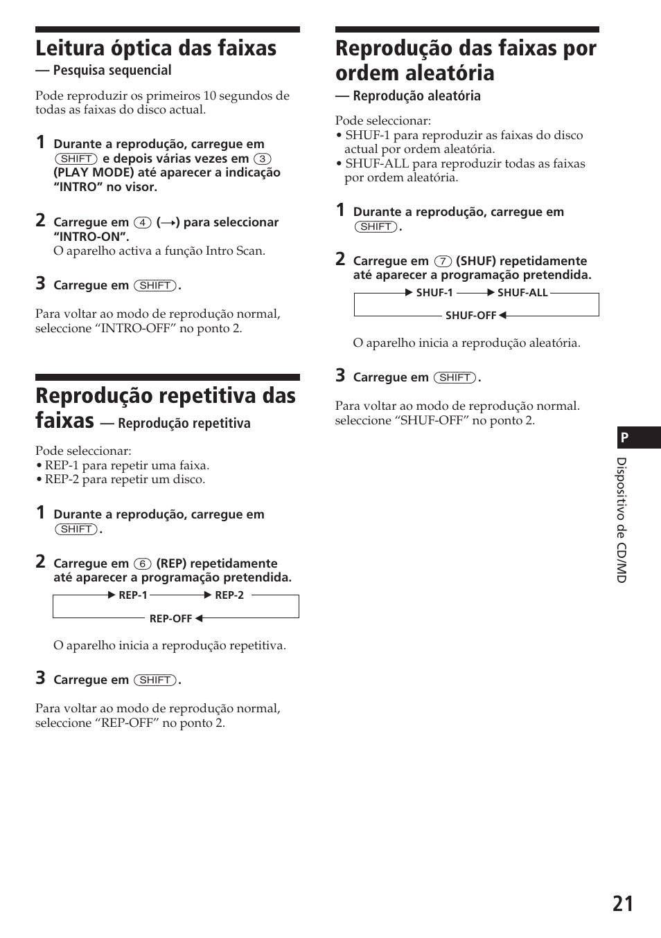 Leitura óptica das faixas, Reprodução repetitiva das faixas, Reprodução das faixas por ordem aleatória | Sony CDX-C580R User Manual | Page 81 / 124