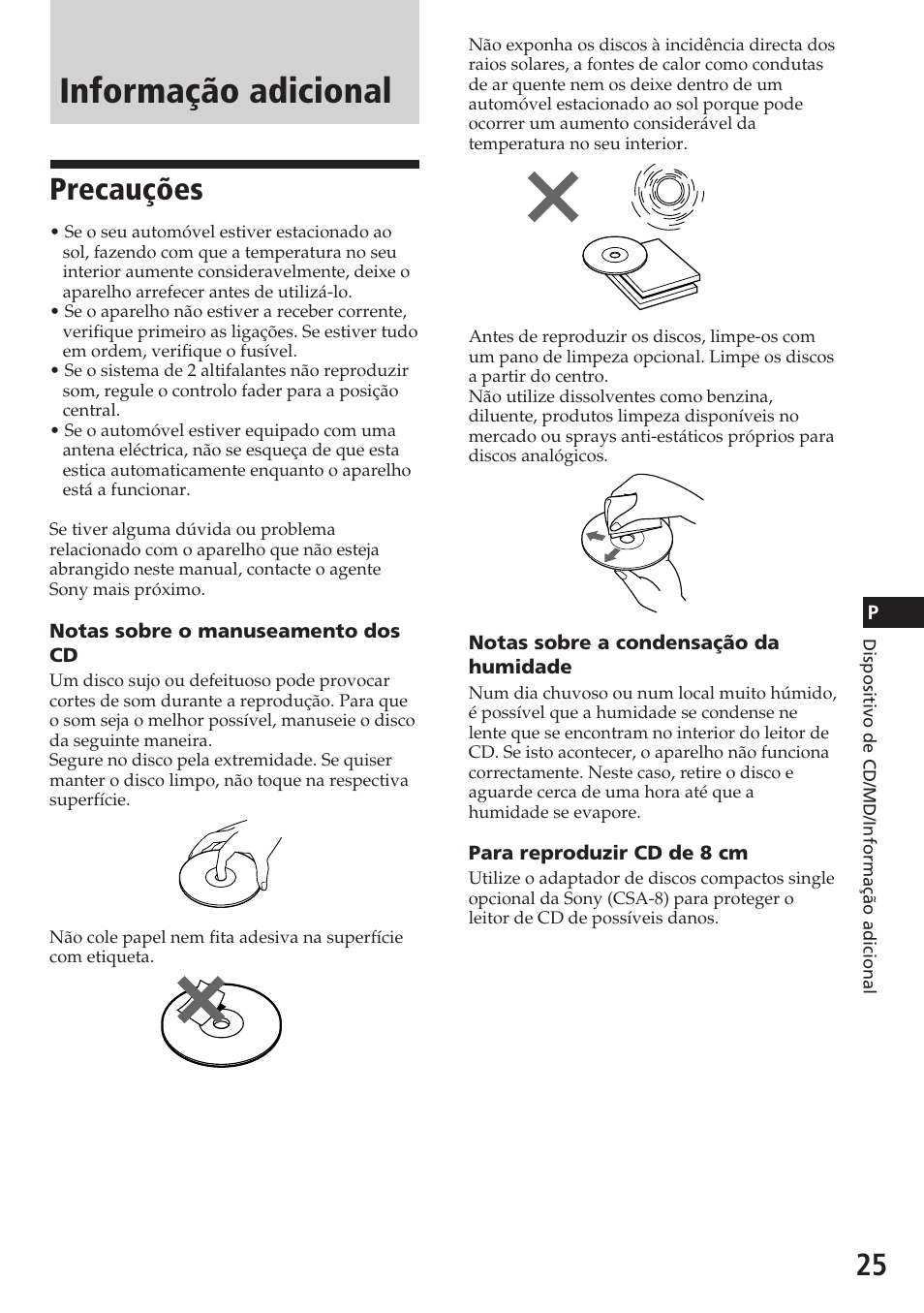 Informação adicional, Precauções | Sony CDX-C580R User Manual | Page 85 / 124