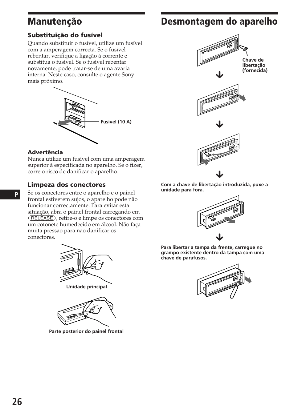 Desmontagem do aparelho, Manutenção | Sony CDX-C580R User Manual | Page 86 / 124