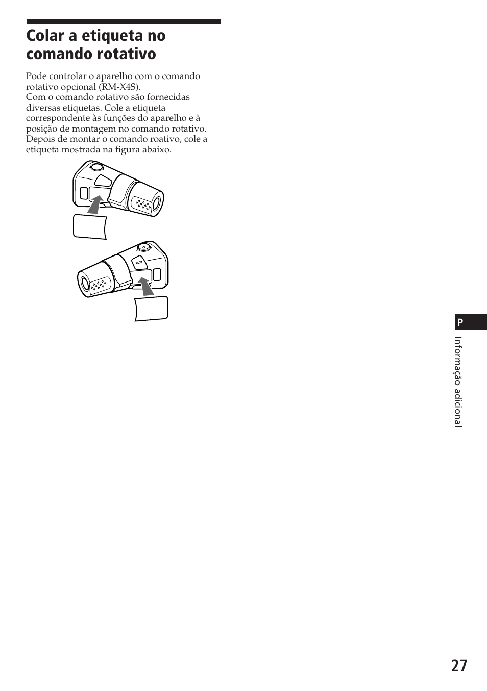 Colar a etiqueta no comando rotativo | Sony CDX-C580R User Manual | Page 87 / 124