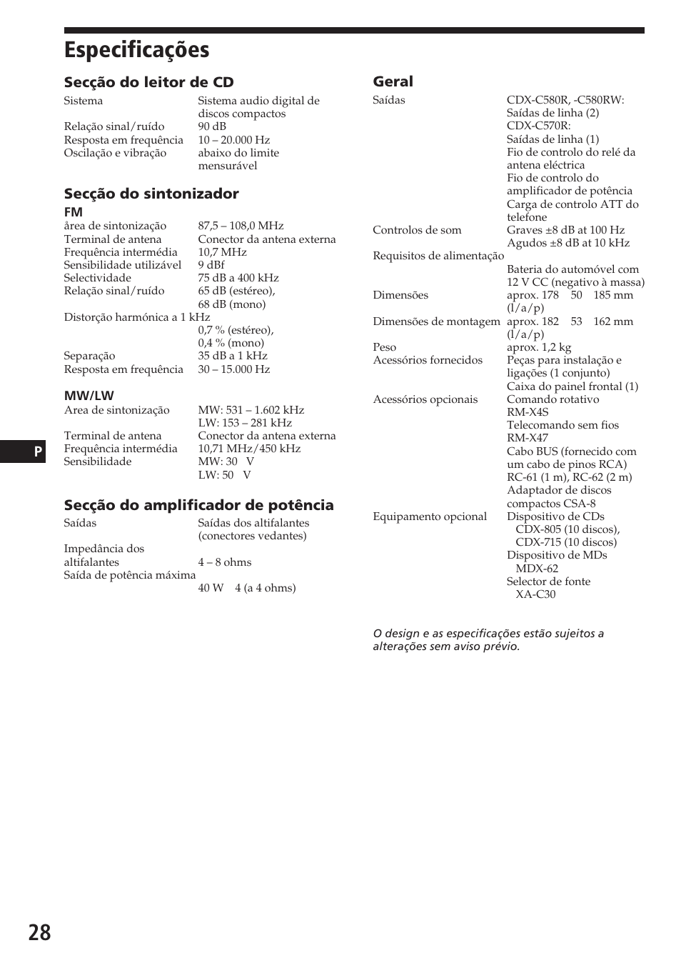 Especificações, Secção do leitor de cd, Secção do sintonizador | Secção do amplificador de potência, Geral | Sony CDX-C580R User Manual | Page 88 / 124