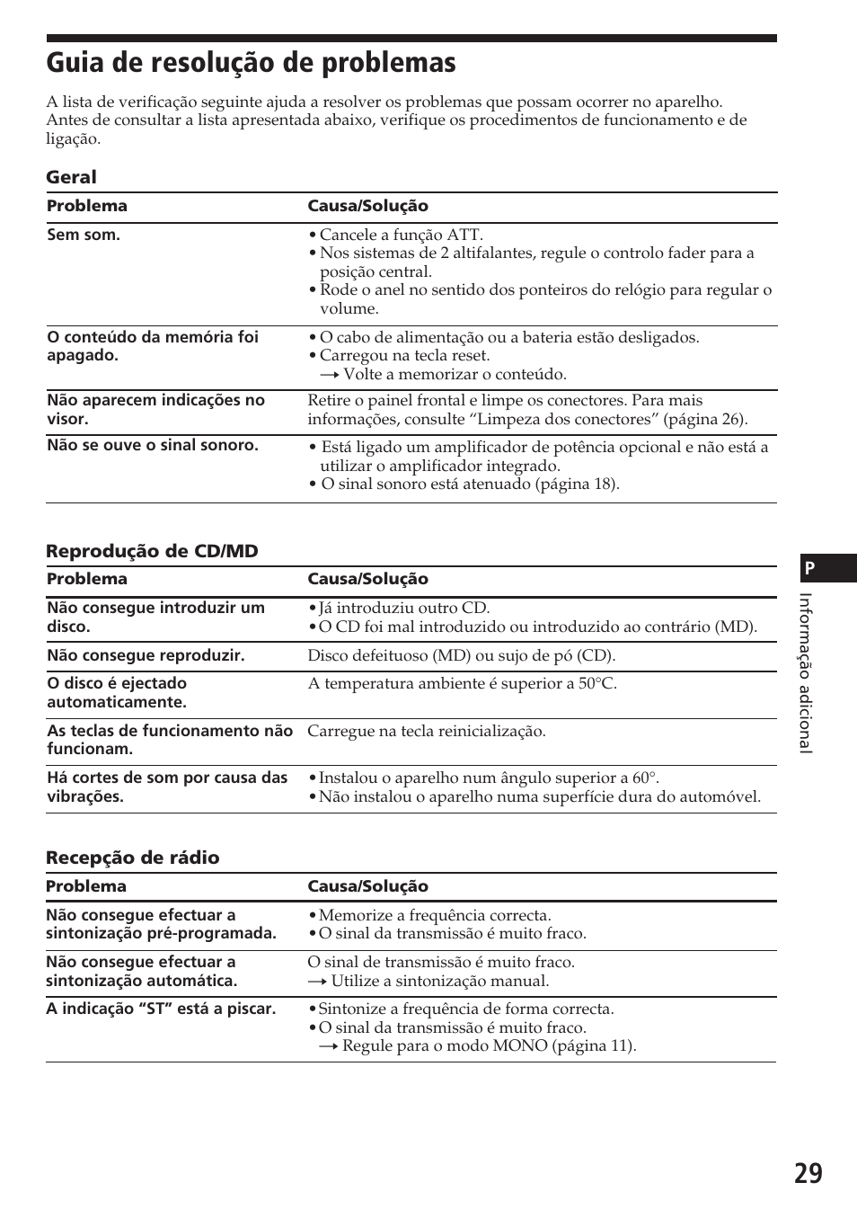 Guia de resolução de problemas | Sony CDX-C580R User Manual | Page 89 / 124