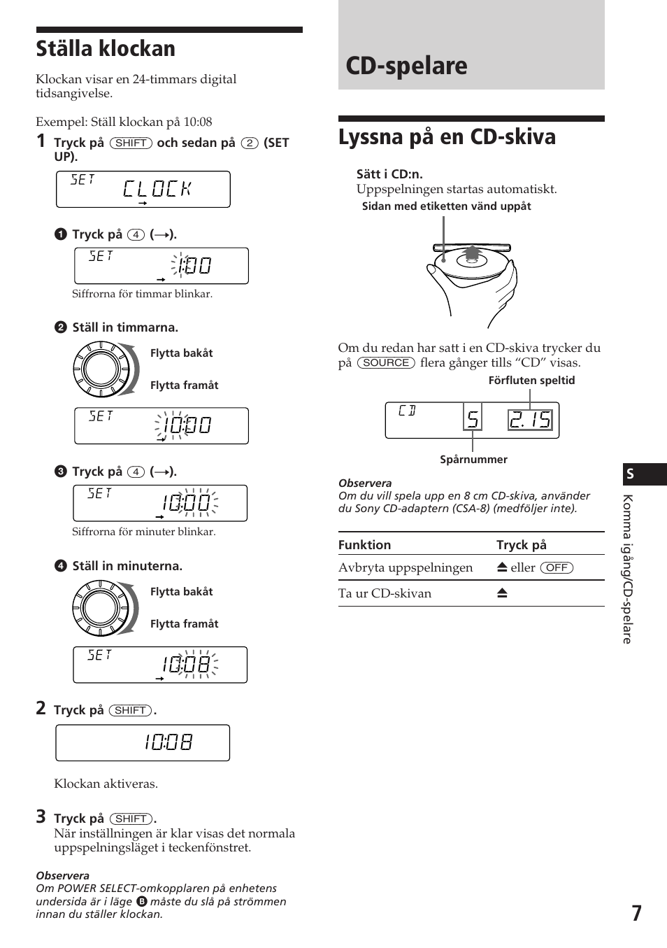 Cd-spelare, Ställa klockan, Lyssna på en cd-skiva | Clock, 1ooo, 1oo8 | Sony CDX-C580R User Manual | Page 97 / 124