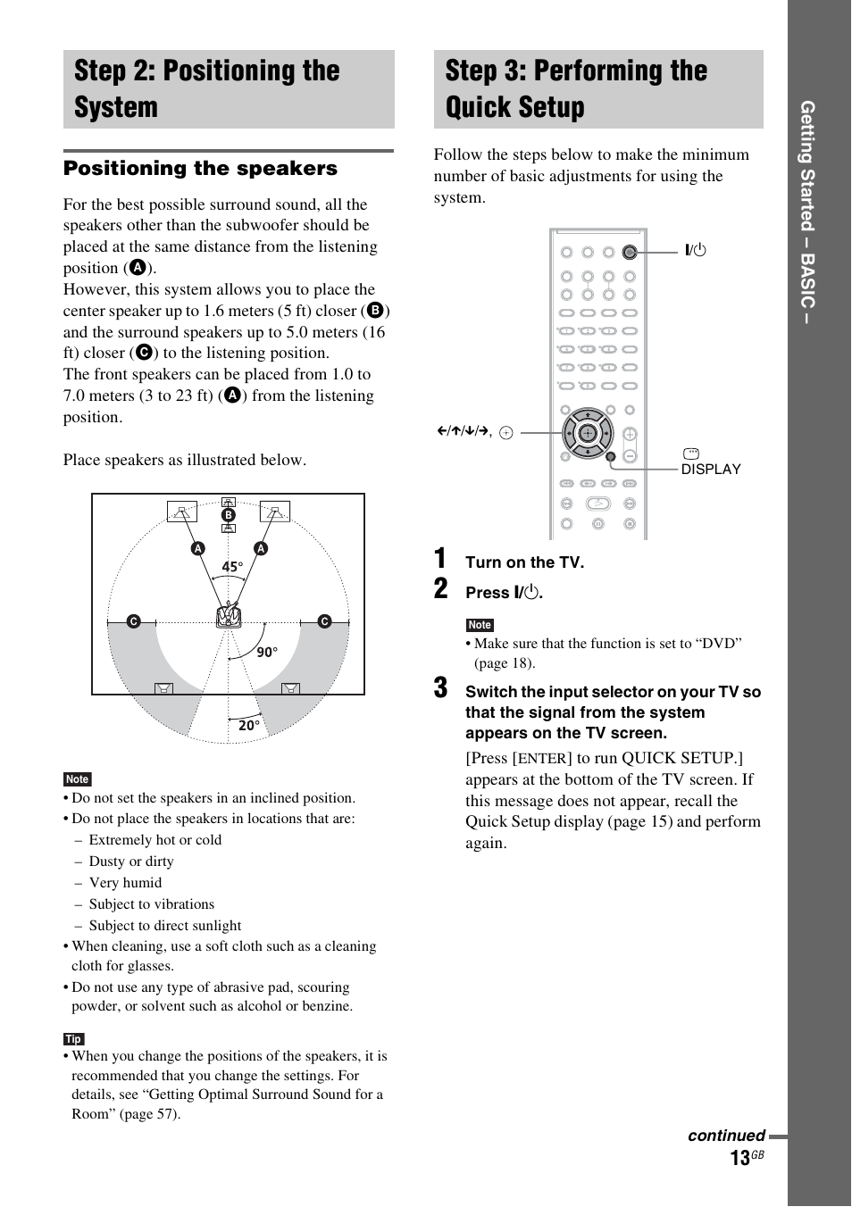 Step 2: positioning the system, Positioning the speakers, Step 3: performing the quick setup | Setup | Sony DAV-DZ20 User Manual | Page 13 / 88