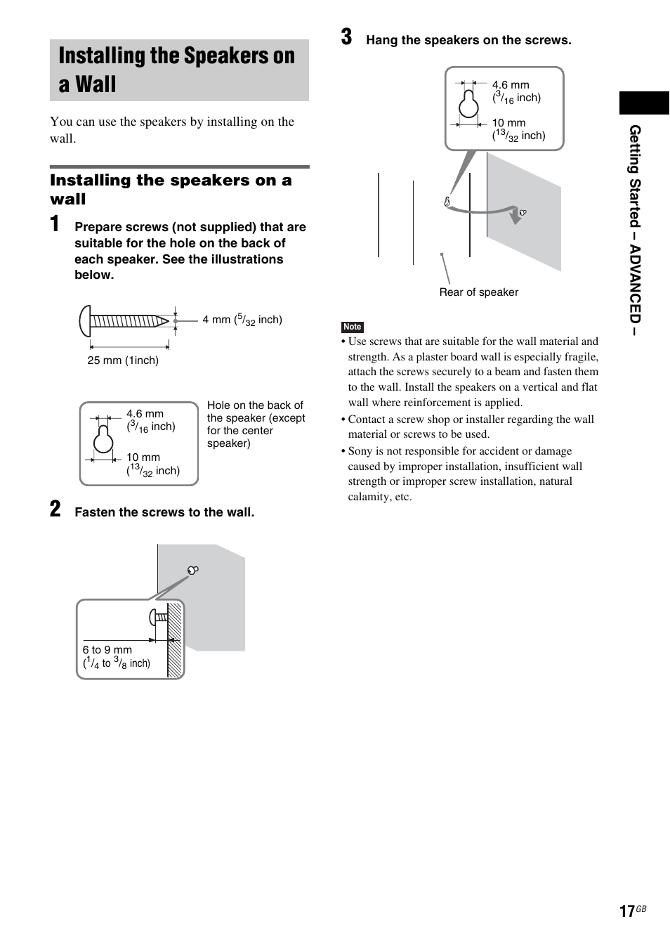 Installing the speakers on a wall, Ge tti ng sta rte d – ad v anced | Sony DAV-DZ20 User Manual | Page 17 / 88