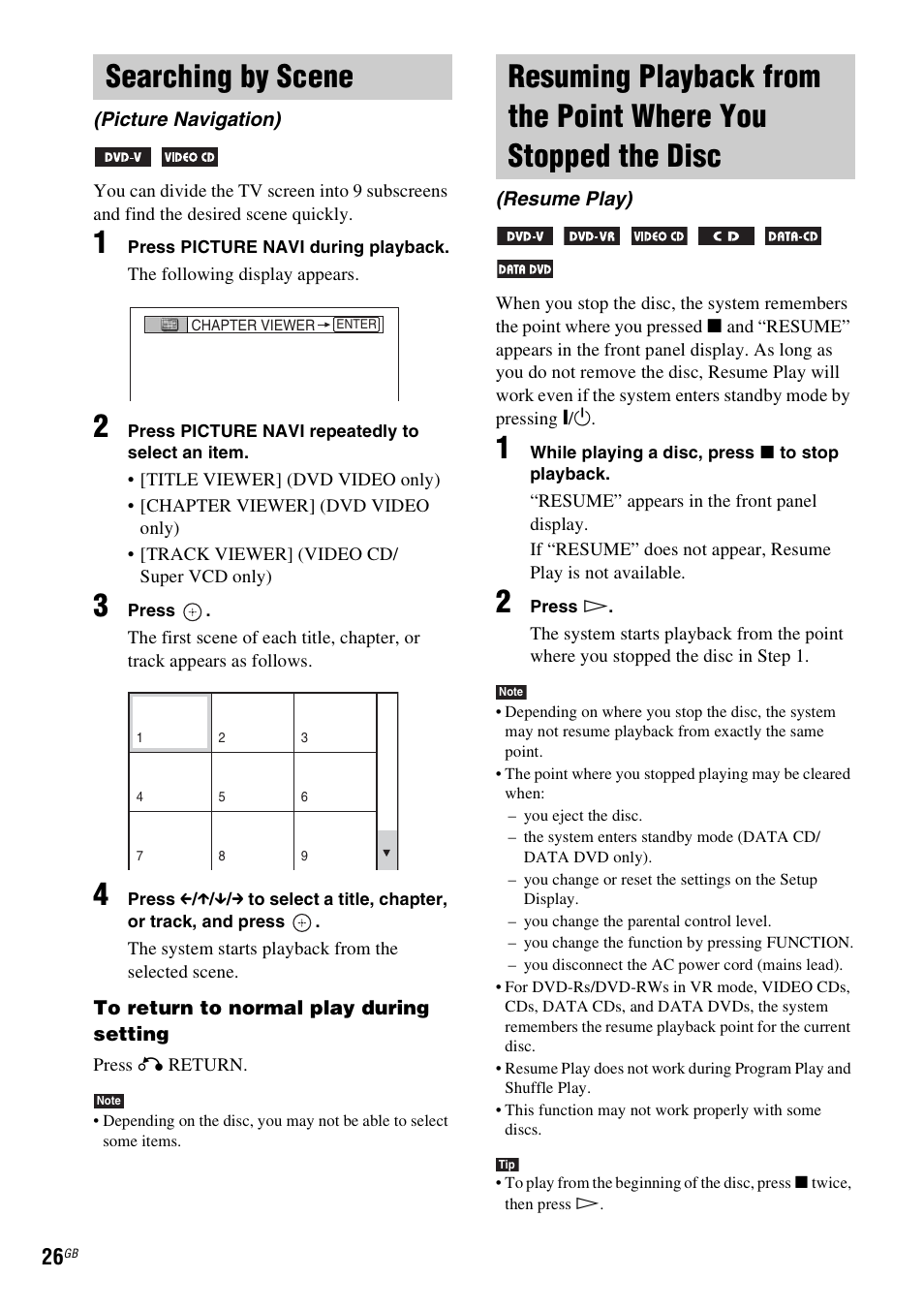 Searching by scene, Picture navigation), Resuming playback from the point where | You stopped the disc (resume play) | Sony DAV-DZ20 User Manual | Page 26 / 88