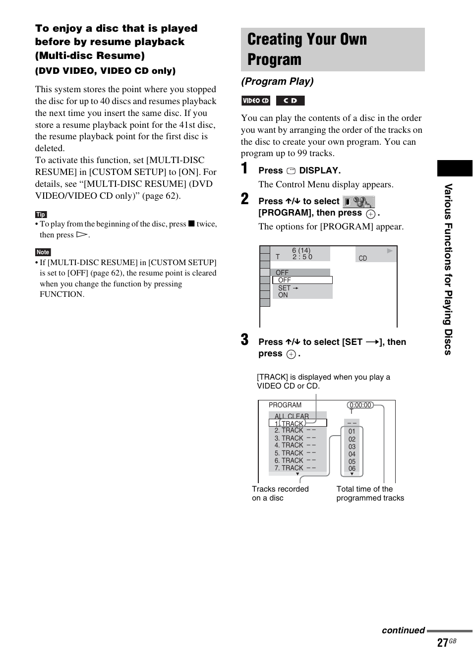 Creating your own program, Program play) | Sony DAV-DZ20 User Manual | Page 27 / 88