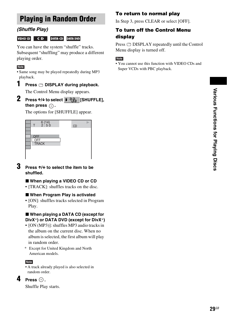 Playing in random order, Shuffle play) | Sony DAV-DZ20 User Manual | Page 29 / 88