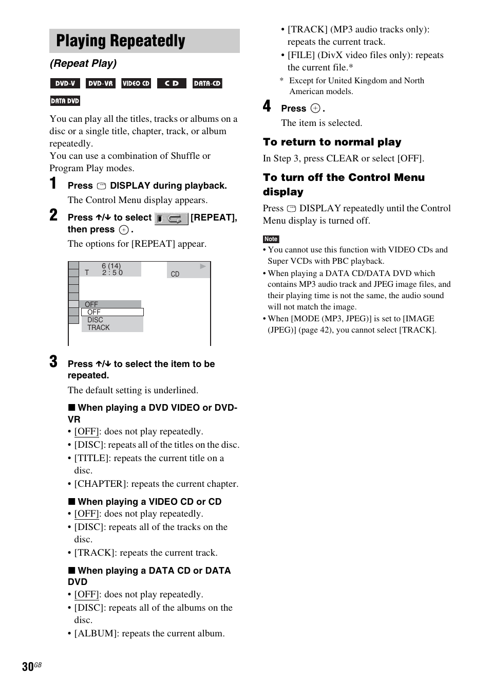 Playing repeatedly, Repeat play) | Sony DAV-DZ20 User Manual | Page 30 / 88