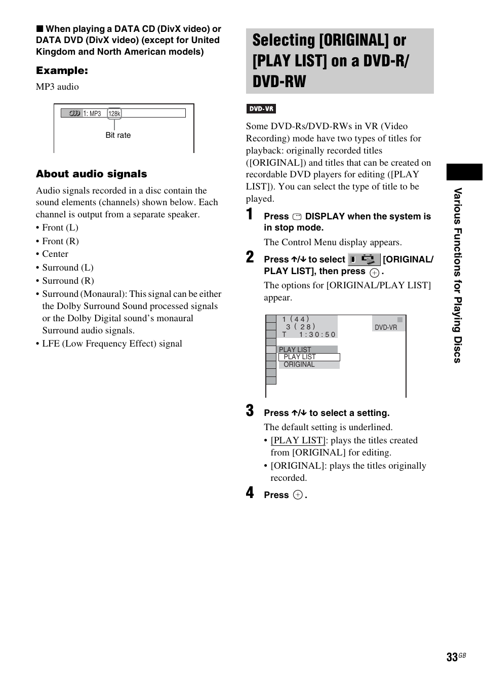 Selecting [original] or [play list, On a dvd-r/dvd-rw | Sony DAV-DZ20 User Manual | Page 33 / 88