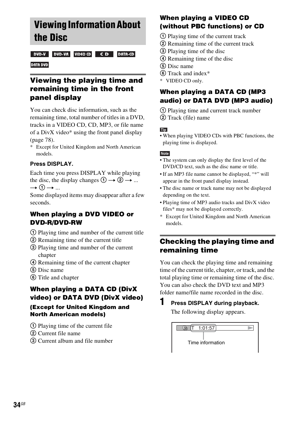 Viewing information about the disc, Checking the playing time and remaining time | Sony DAV-DZ20 User Manual | Page 34 / 88