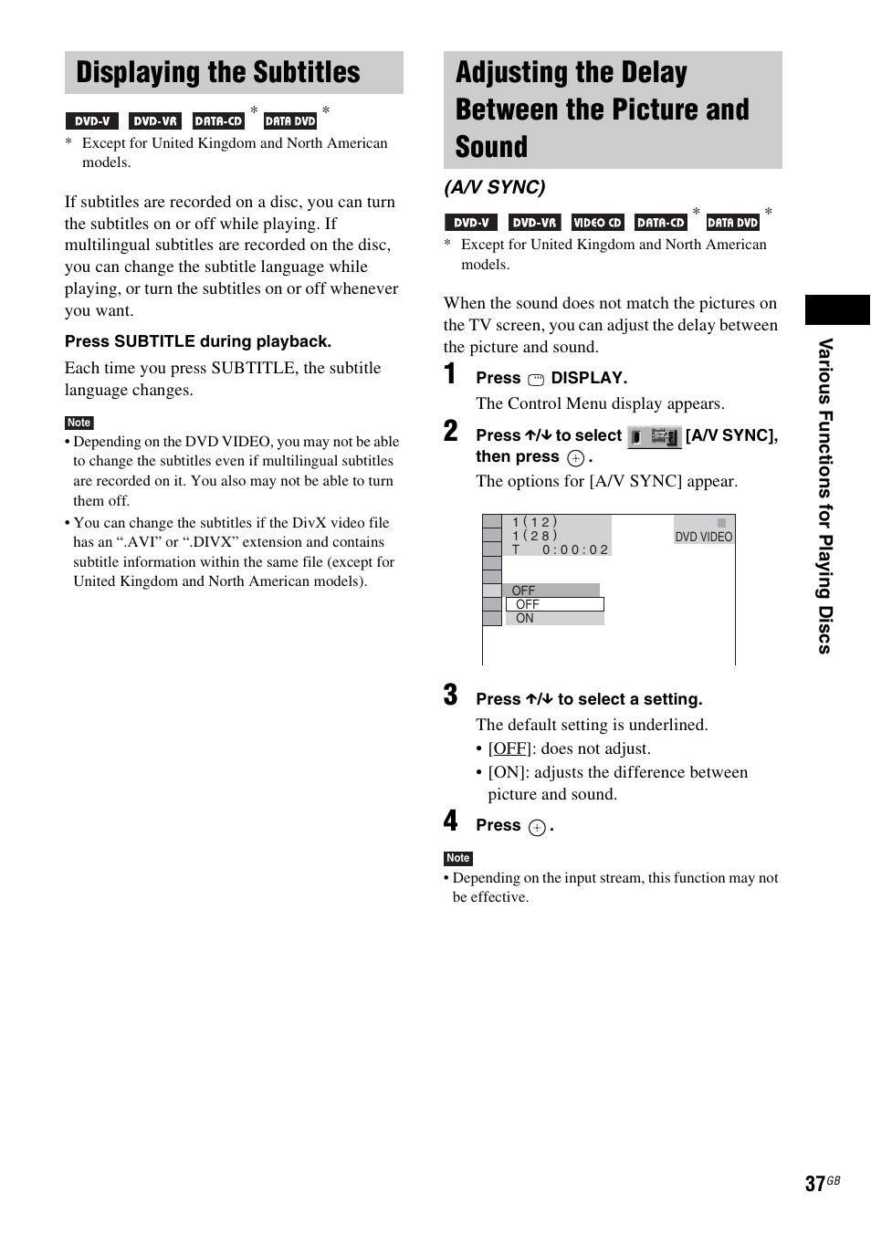 Displaying the subtitles, Adjusting the delay between the picture and sound, And sound (a/v sync) | Sony DAV-DZ20 User Manual | Page 37 / 88