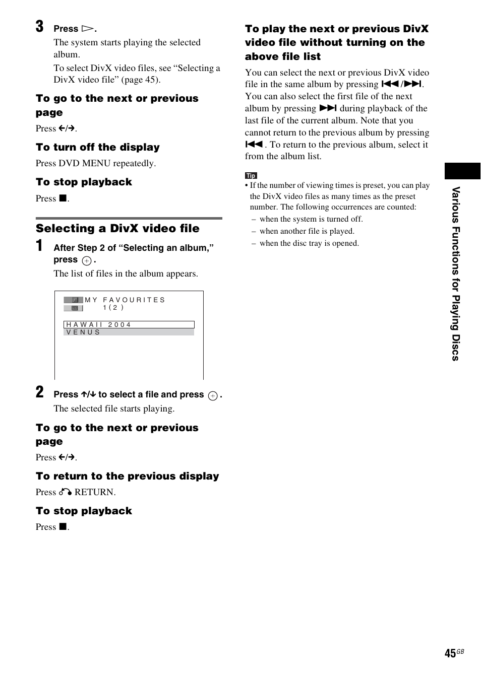 Selecting a divx video file | Sony DAV-DZ20 User Manual | Page 45 / 88