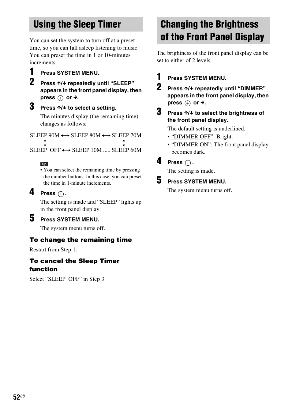 Using the sleep timer, Changing the brightness of the front panel display, Panel display | Sony DAV-DZ20 User Manual | Page 52 / 88