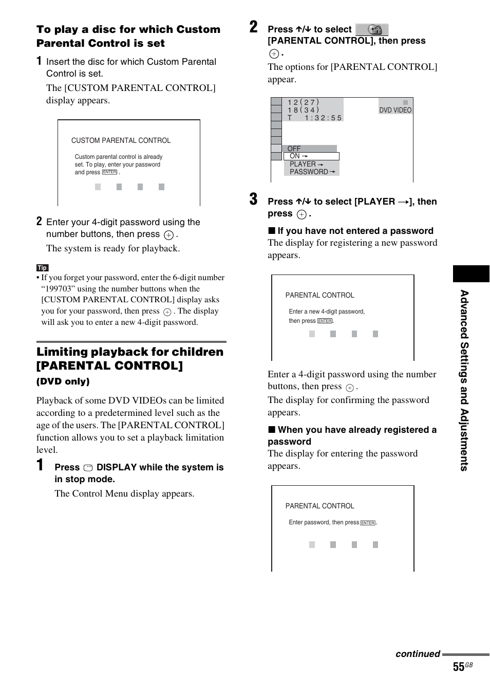 Limiting playback for children [parental control | Sony DAV-DZ20 User Manual | Page 55 / 88