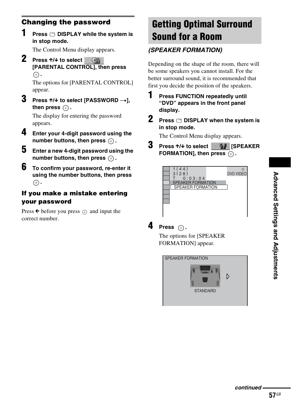 Changing the password, Getting optimal surround sound for a room, Getting optimal surround sound for a | Room (speaker formation) | Sony DAV-DZ20 User Manual | Page 57 / 88