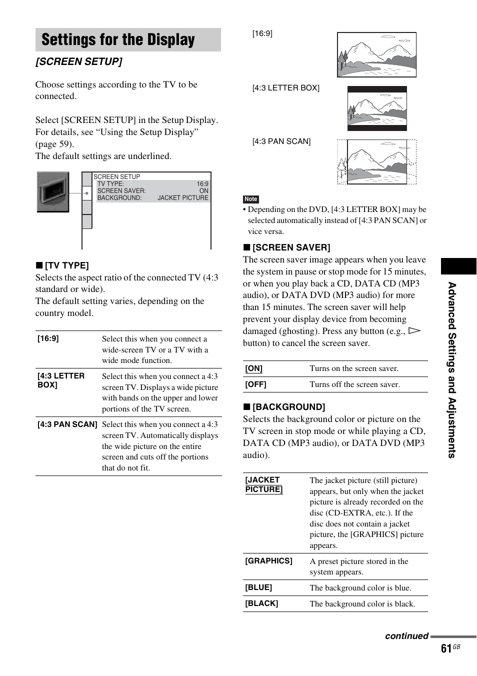 Settings for the display, Screen setup | Sony DAV-DZ20 User Manual | Page 61 / 88