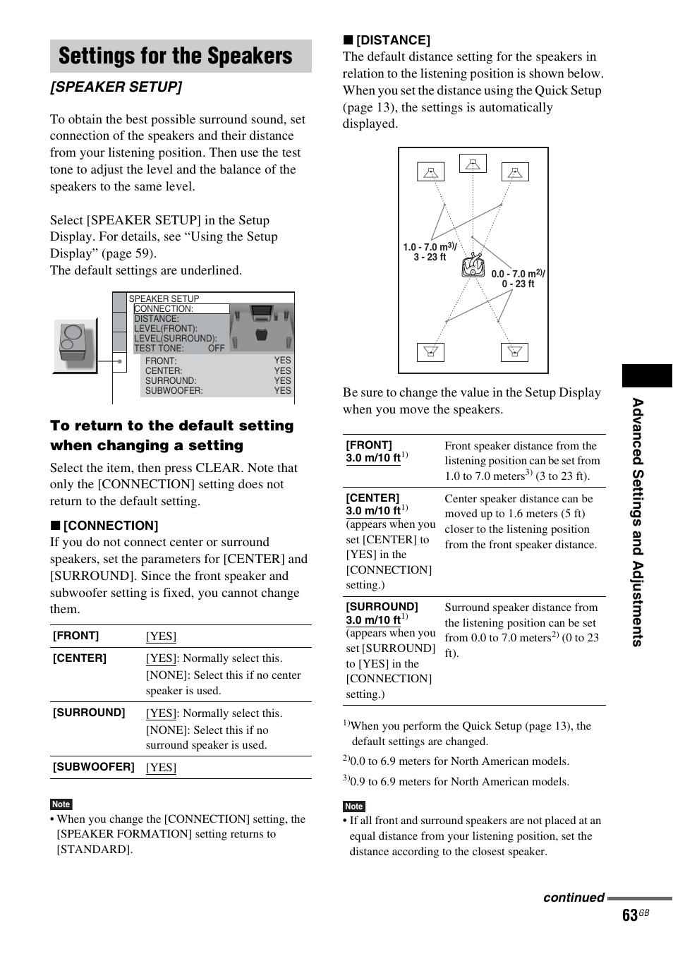 Settings for the speakers, Speaker setup | Sony DAV-DZ20 User Manual | Page 63 / 88