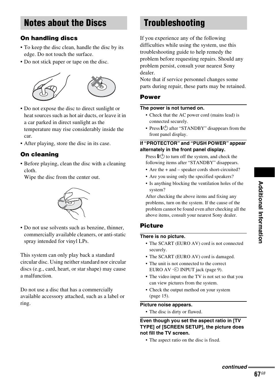 Notes about the discs, Troubleshooting, Notes about the discs troubleshooting | Sony DAV-DZ20 User Manual | Page 67 / 88