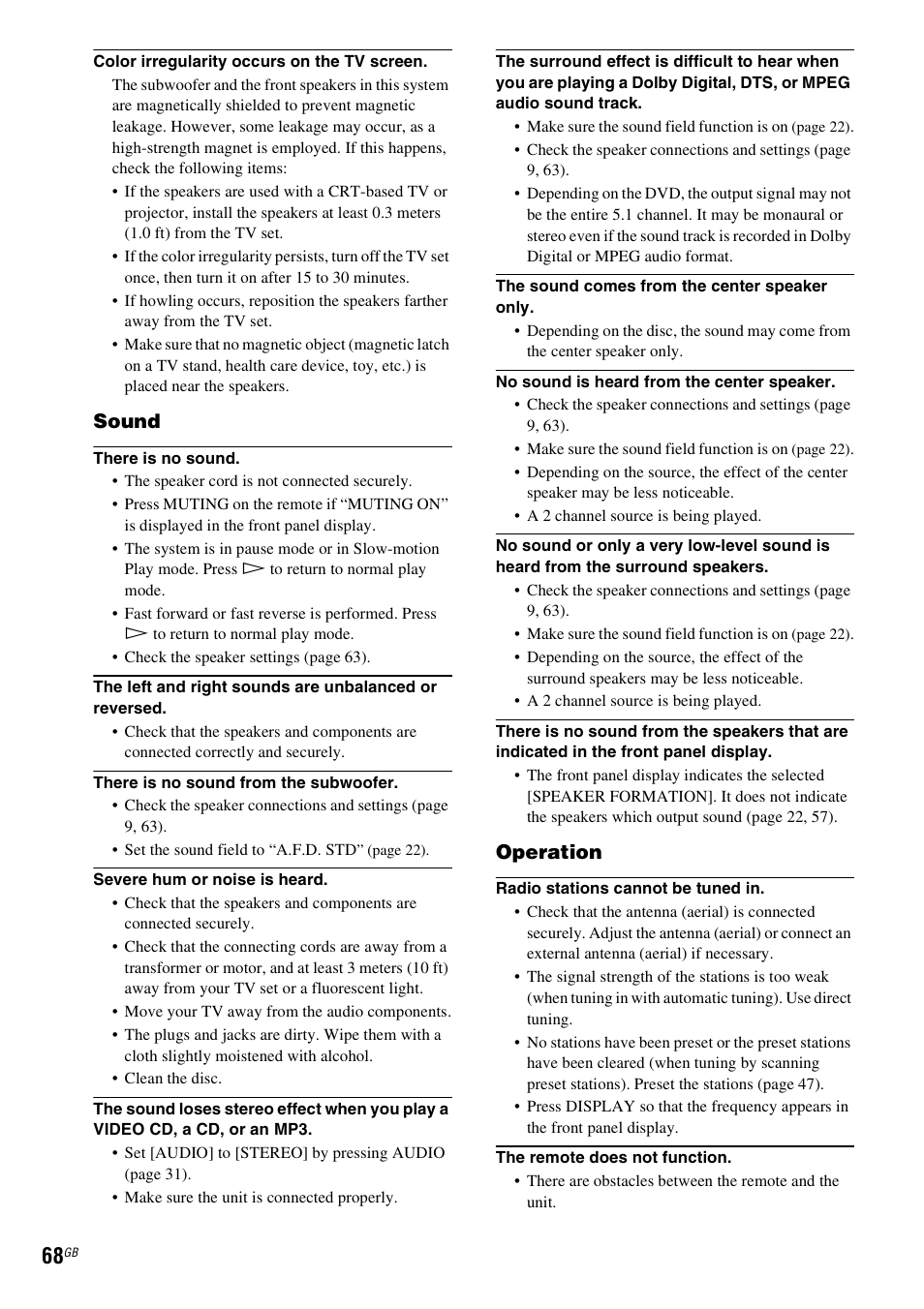 Sound, Operation | Sony DAV-DZ20 User Manual | Page 68 / 88