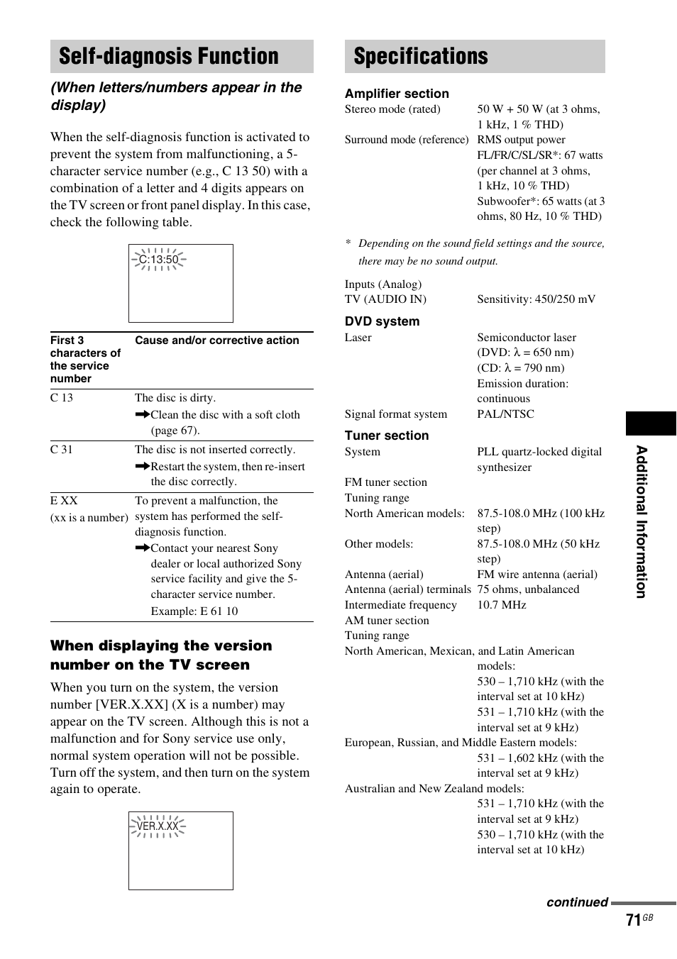 Self-diagnosis function, Specifications, When letters/numbers appear in the display) | Sony DAV-DZ20 User Manual | Page 71 / 88